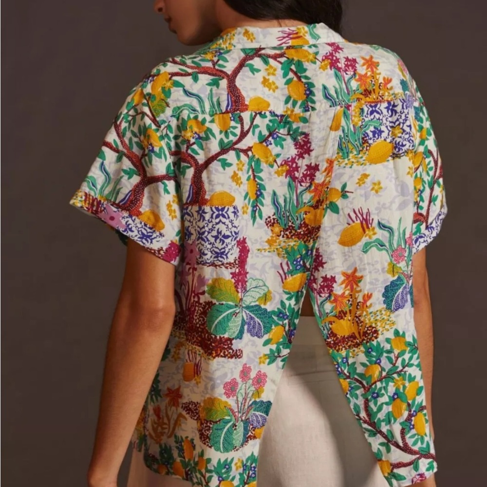 Anthropologie Linen Viscose Blend Classic Surf Shirt Top Novelty Lemon Small - Picture 2 of 8